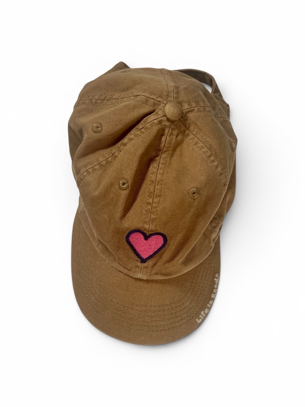 Life Is Good Brown Baseball Cap with Pink Heart Patch